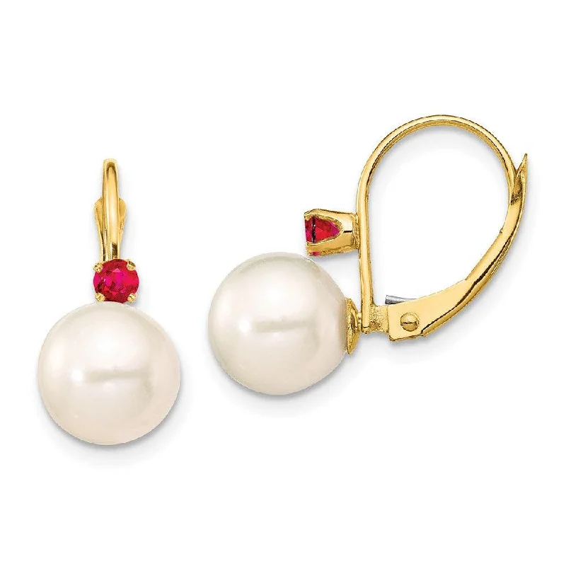 Luxury Diamond Earrings-14K 8-8.5mm White Round FWC Pearl Ruby Leverback Earrings