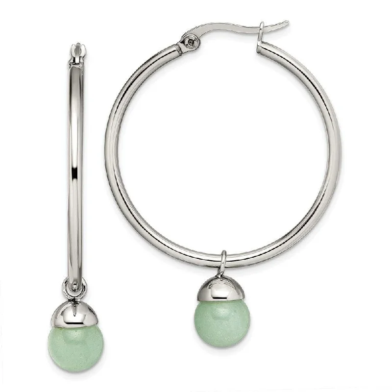 Personalized Jewelry Earrings-Stainless Steel Polished Hoop w/Green Aventurine Bead Earrings