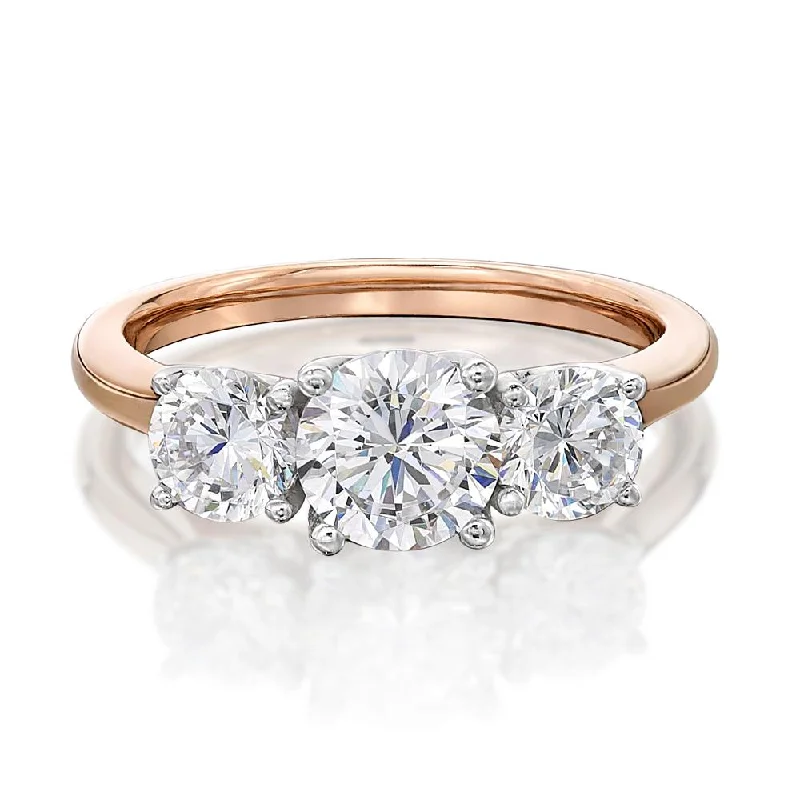 Stackable Engagement Rings-Three stone ring with 2 carats* of diamond simulants in 10 carat rose and white gold