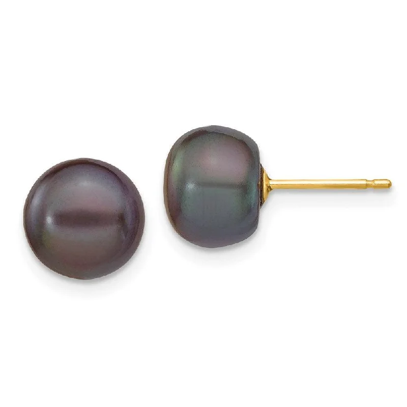 Vintage Boho Earrings-14k 8-9mm Black Button FW Cultured Pearl Stud Post Earrings