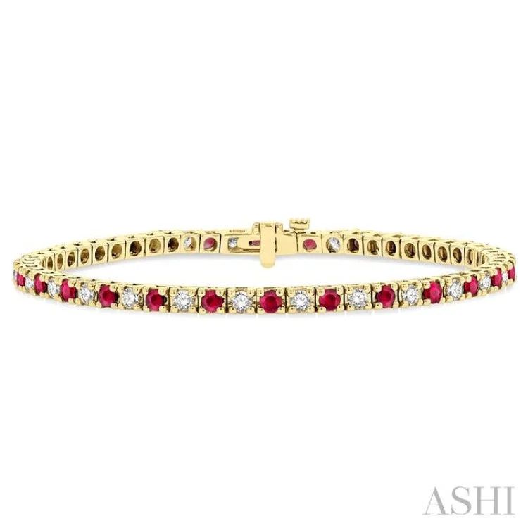 Trendy Stackable Bracelets-1 1/2 ctw Square Box Link 2.5MM Ruby and Round Cut Diamond Precious Tennis Bracelet in 14K Yellow Gold