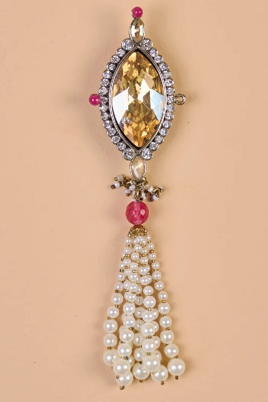 Artistic Brooch with Gemstones-Maroon Crystal With Pearl Latkan Brooch