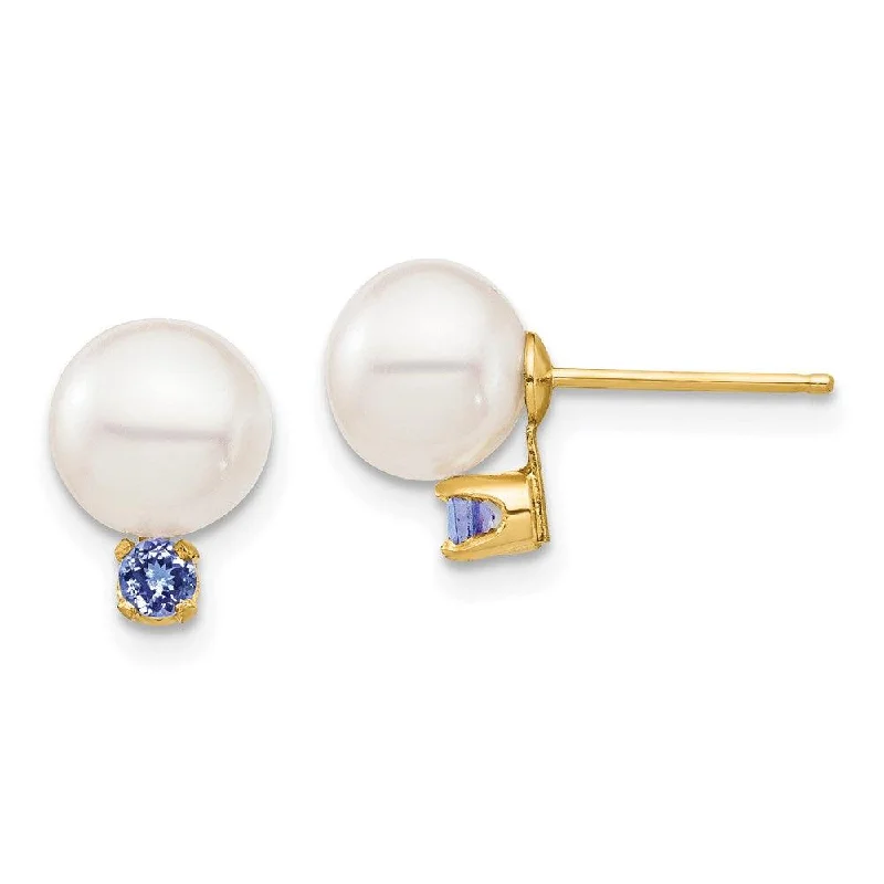 Customizable Earrings for Gifts-14K 7-7.5mm White Round Freshwater Cultured Pearl Tanzanite Post Earrings