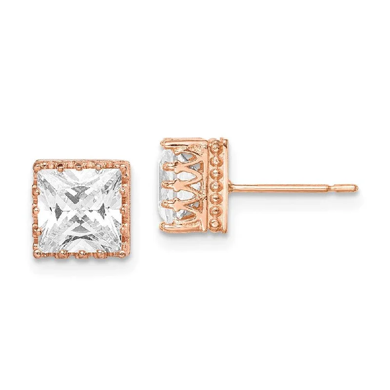 Handmade Earrings Online-10k Tiara Collection 7mm Rose Gold Polished Square CZ Earrings