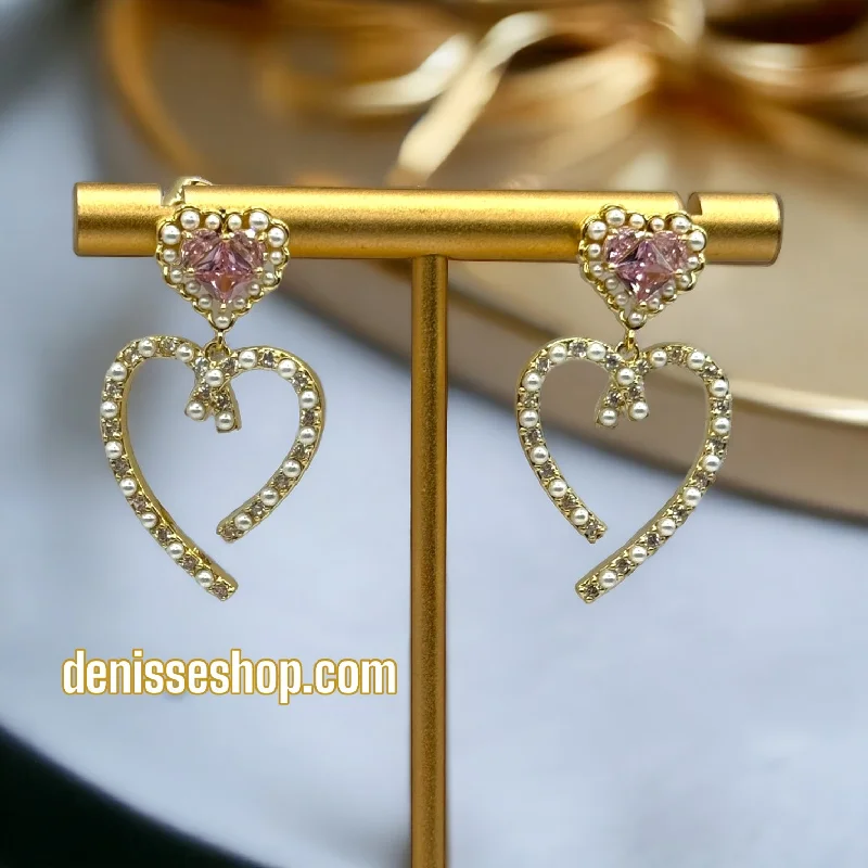 Cute Stud Earrings for Girls-14k Heart Pink Stone Earrings E259