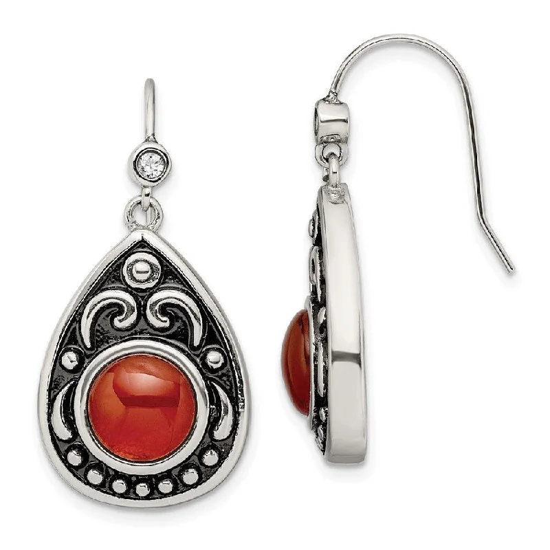 Vintage Crystal Earrings-Stainless Steel Polished/Antiqued Red Agate/CZ Dangle Earrings