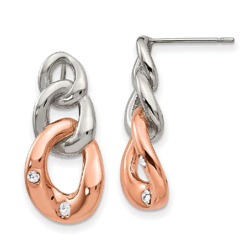 Small Silver Hoop Earrings-Stainless Steel Polished w/Rose IP Loop Crystal Dangle Post Earrings