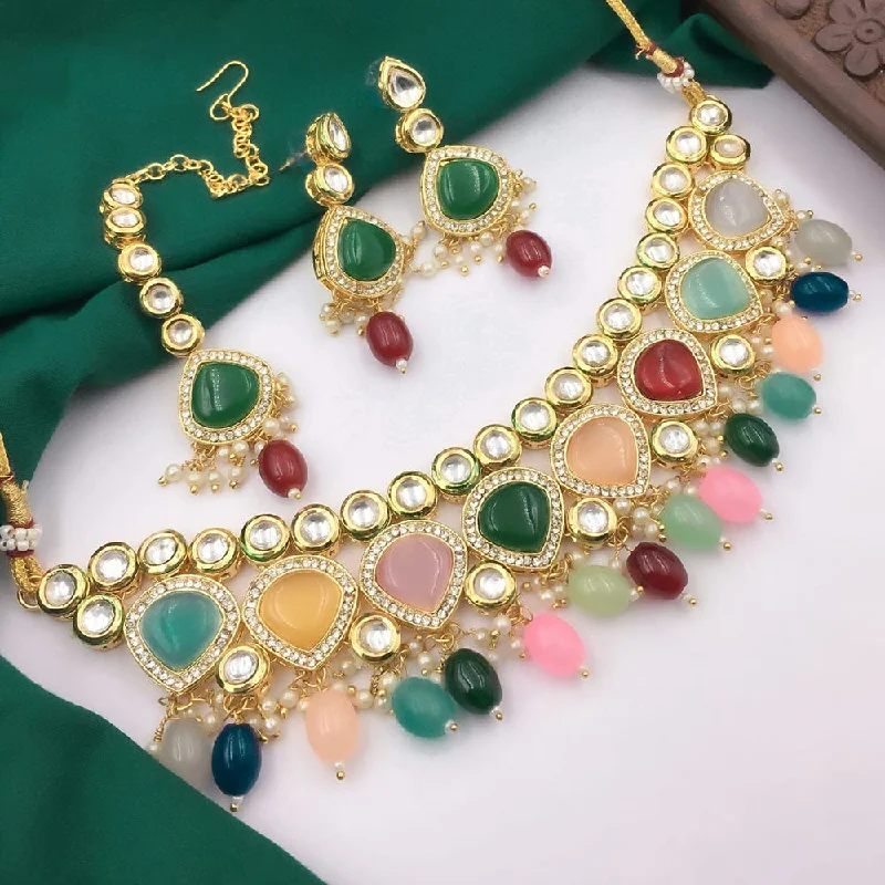 Simple Rose Gold Necklaces-5G Jewellery Gold Plated Kundan Stone And Beads  Necklace Set