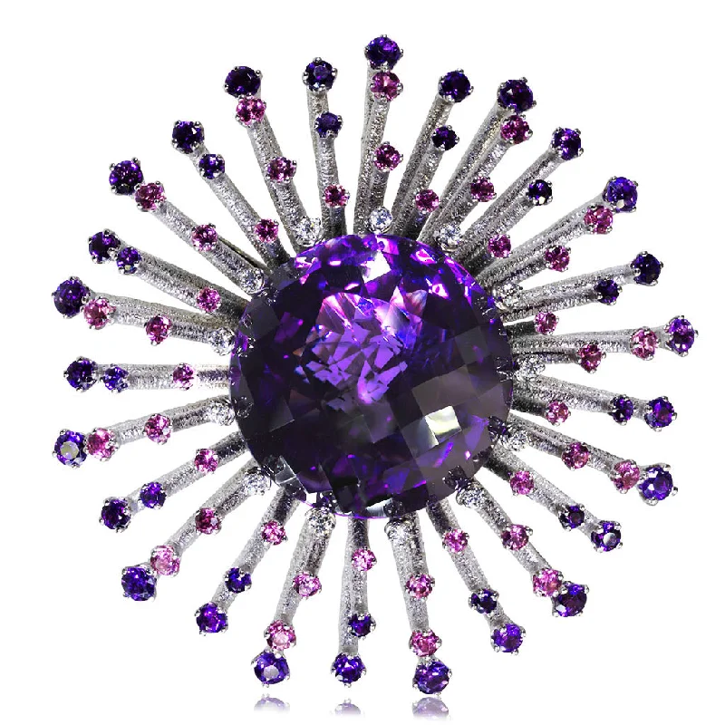 Custom Brooch with Colorful Stones-Gold Astra Brooch with Amethyst, Tourmalines & Diamonds