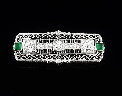 Vintage Brooch with Enamel Detailing-Vintage Brooch Diamond Emerald Platinum & 14K White Gold