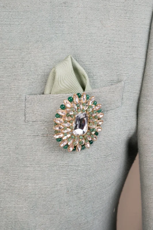 Vintage Brooch with Colored Stones-Light Green Oval Shaped Crystal & Stone Brooch