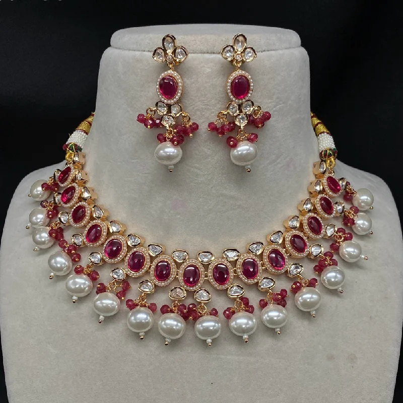 Crystal Heart Necklaces-Royal Kundan Jewellery Gold Plated Polki Kundan And Beads Necklace Set