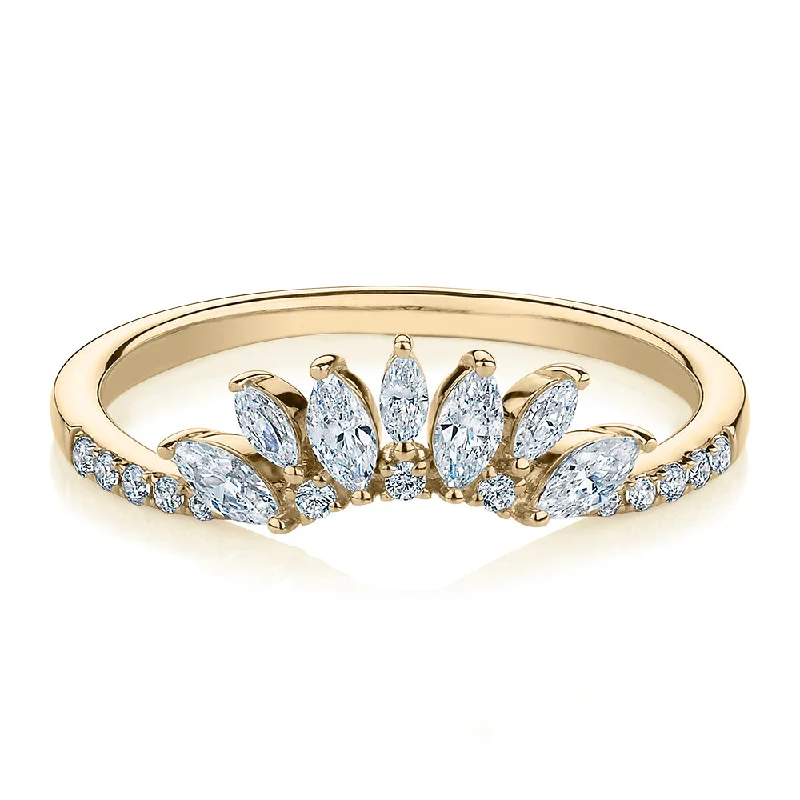 Blue Diamond Rings-Marquise curved wedding or eternity band with 0.56 carats* of diamond simulants in 10 carat yellow gold