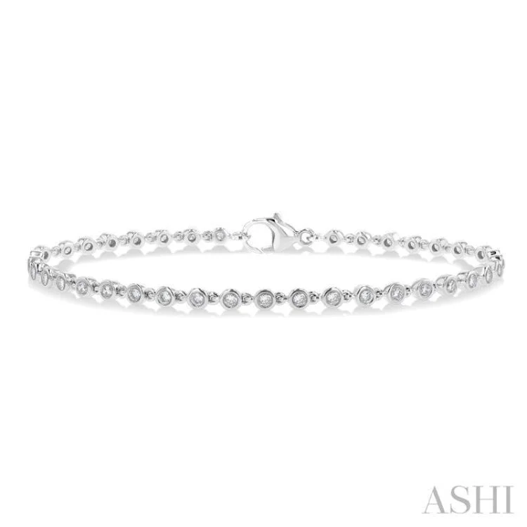 Sterling Silver Tennis Bracelets-1 ctw Bezel Set Round Cut Diamond Tennis Bracelet in 14K White Gold