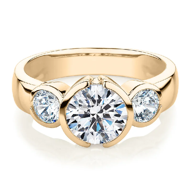 Large Statement Diamond Rings-Three stone ring with 2.23 carats* of diamond simulants in 10 carat yellow gold