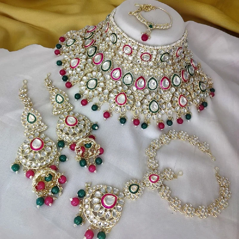 Antique Gold Necklaces-Gehana Mahal Gold Plated Kundan Stone Semi Bridal Necklace Set