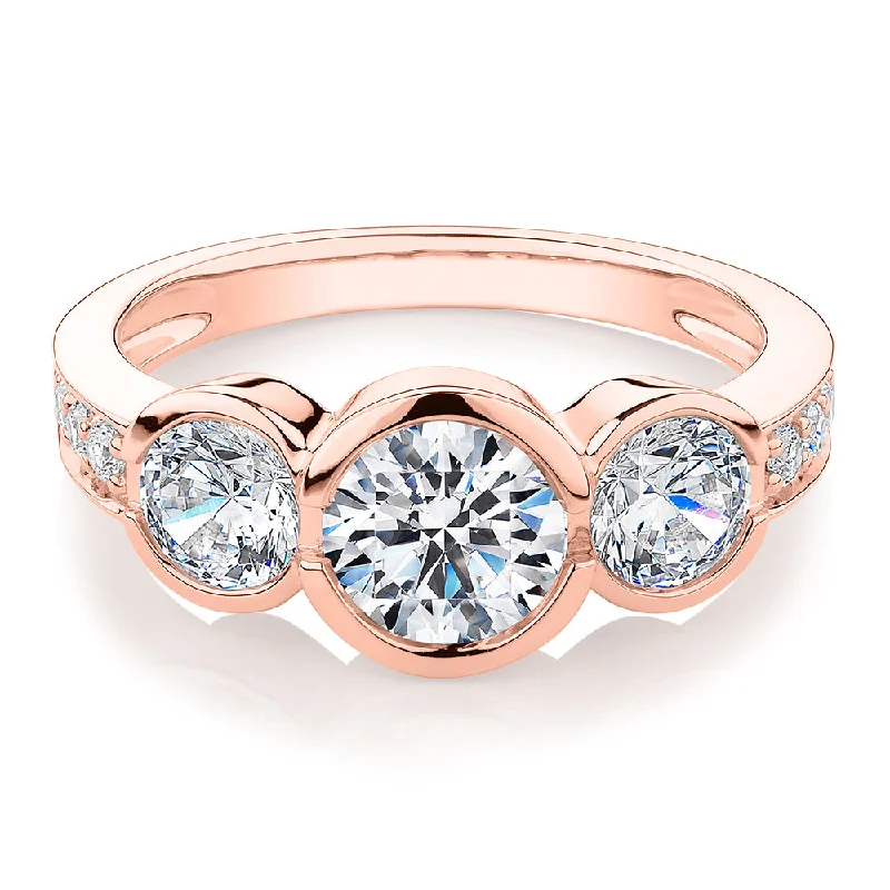 Silver Stackable Rings-Three stone ring with 2.11 carats* of diamond simulants in 10 carat rose gold