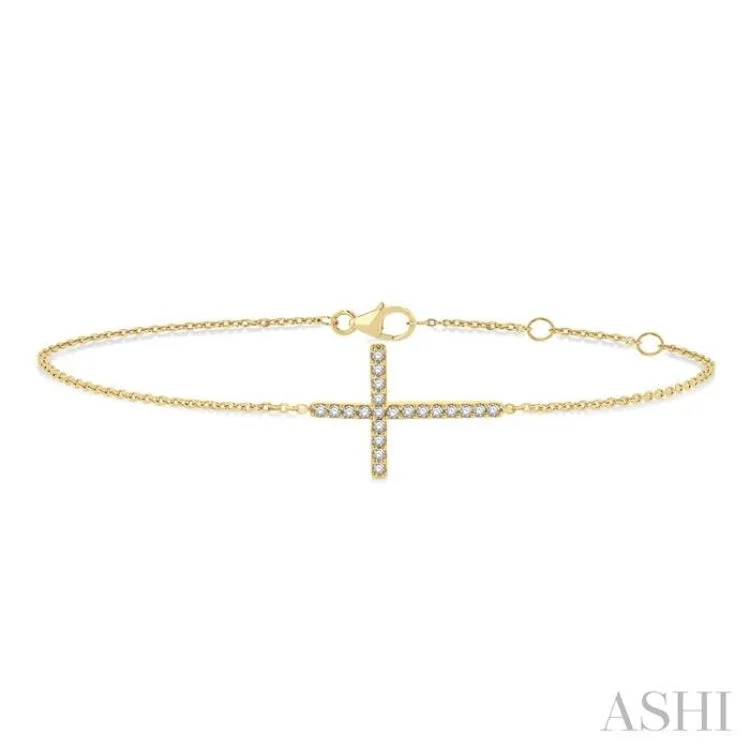 Minimalist Silver Bracelets-1/8 ctw Petite Reclined Cross Round Cut Diamond Fashion Bracelet in 10K Yellow Gold