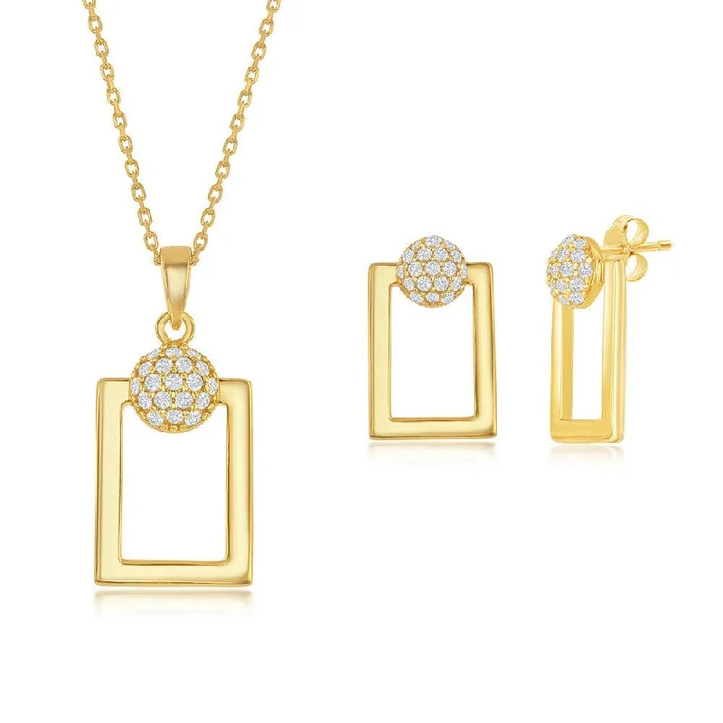 Geometric Earrings-Sterling Silver Round Micro Pave CZ Open Rectangle Pendant & Earrings Set With Chain - Gold Plated