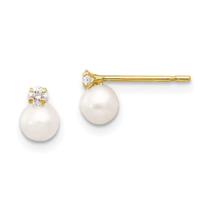 Oval Gemstone Earrings-Madi K Kid's 14k  5-6mm Near Round FW Cultured Pearl CZ Post Earrings