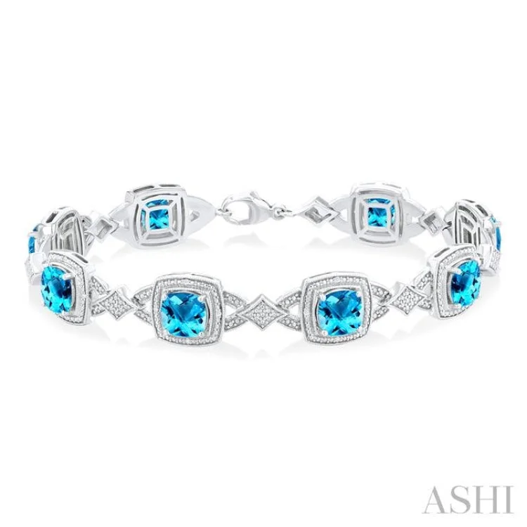 Adjustable Gold Bracelets-1/10 ctw Cushion Cut 7X7MM Blue Topaz and Round Cut Diamond Semi Precious Bracelet in Sterling Silver