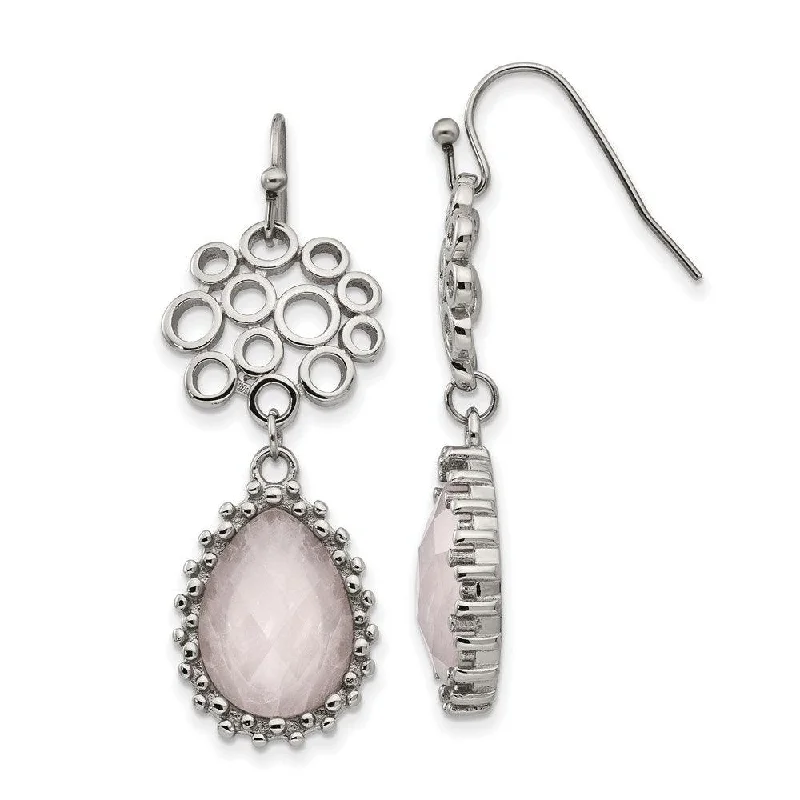 Drop Earrings for Brides-Stainless Steel Polished Rose Quartz Shepherd Hook Earrings