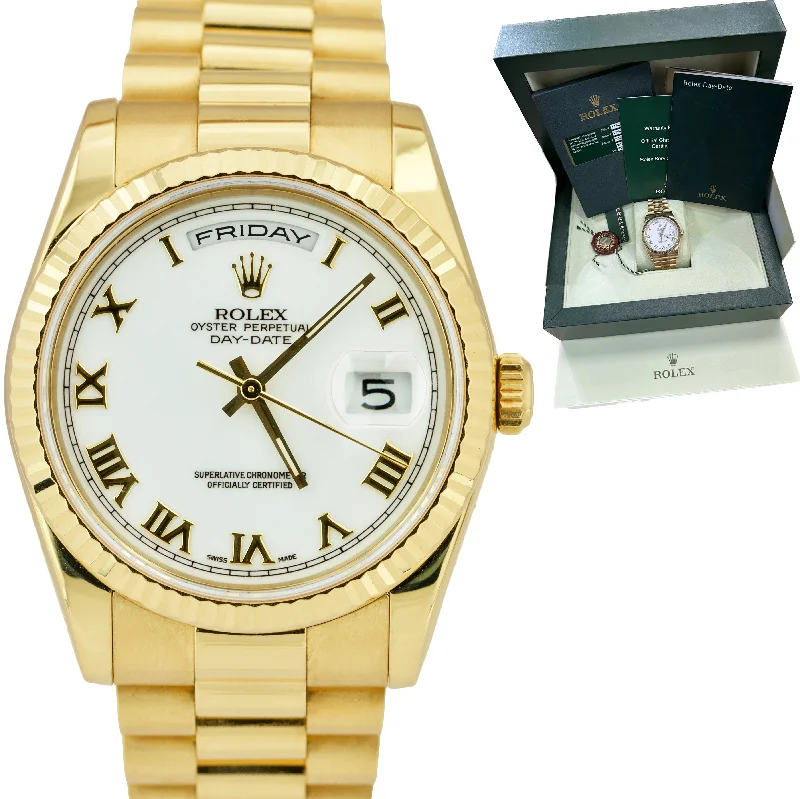 Women’s Luxury Watches with Leather Strap-Rolex Day-Date President REHAUT BIG Buckle 36mm 18K Gold White Watch 118238 CARD