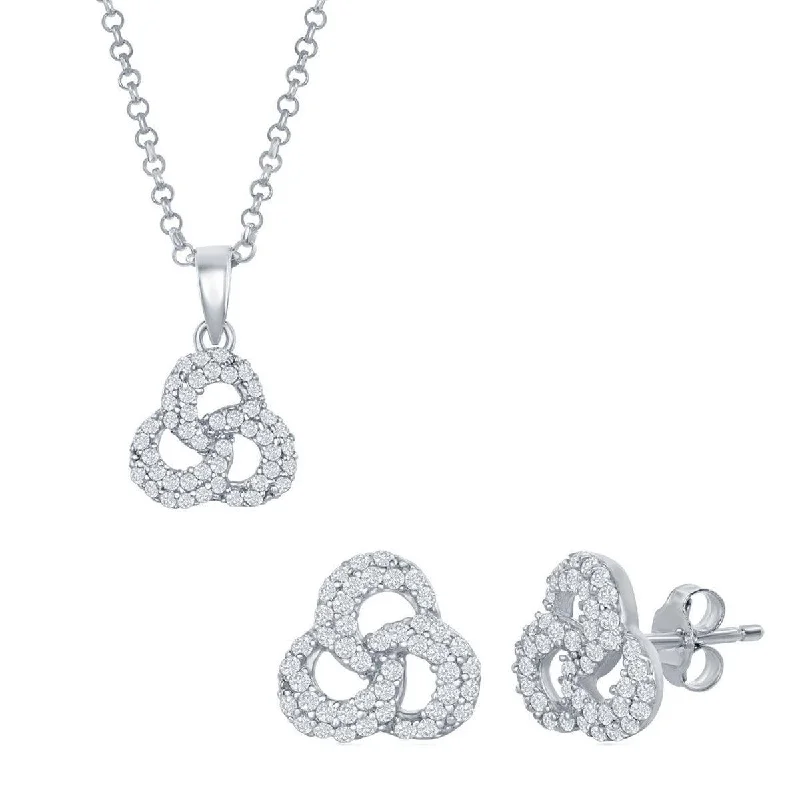 Wedding Earrings for Guests-Classic Women's Pendant and Earrings Set - Sterling Silver CZ Triple Ring | SET-421