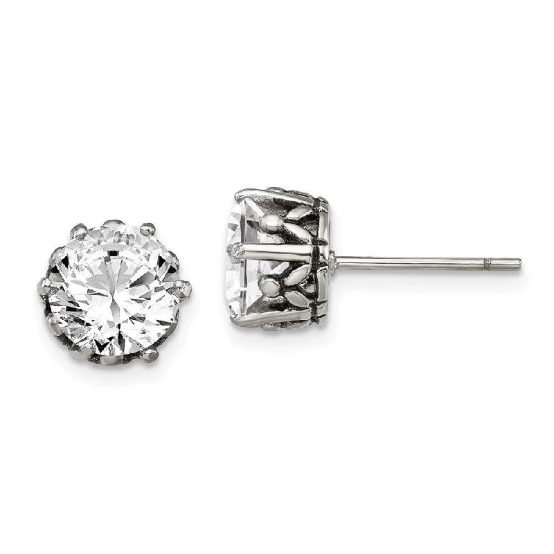 Minimalist Earrings for Work-Stainless Steel Antiqued Round CZ Post Earrings