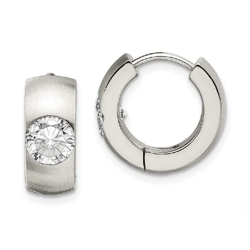 Lightweight Gold Earrings-Stainless Steel CZ Brushed & Polished Round Hinged Hoop Earrings