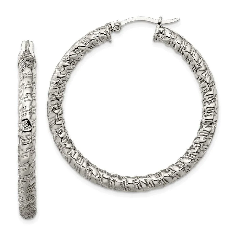 Silver Tassel Earrings-Stainless Steel Polished Textured Hollow Hoop Earrings