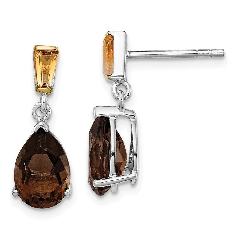 Unique Earrings for Gifts-SS & 14K Accent Rhodium Plated Smoky Quartz and Citrine Earrings