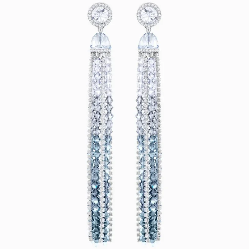 Elegant Wedding Earrings-Swarovski Women's Long Length Clip Earrings - Ocean View Blue and White | 5457523