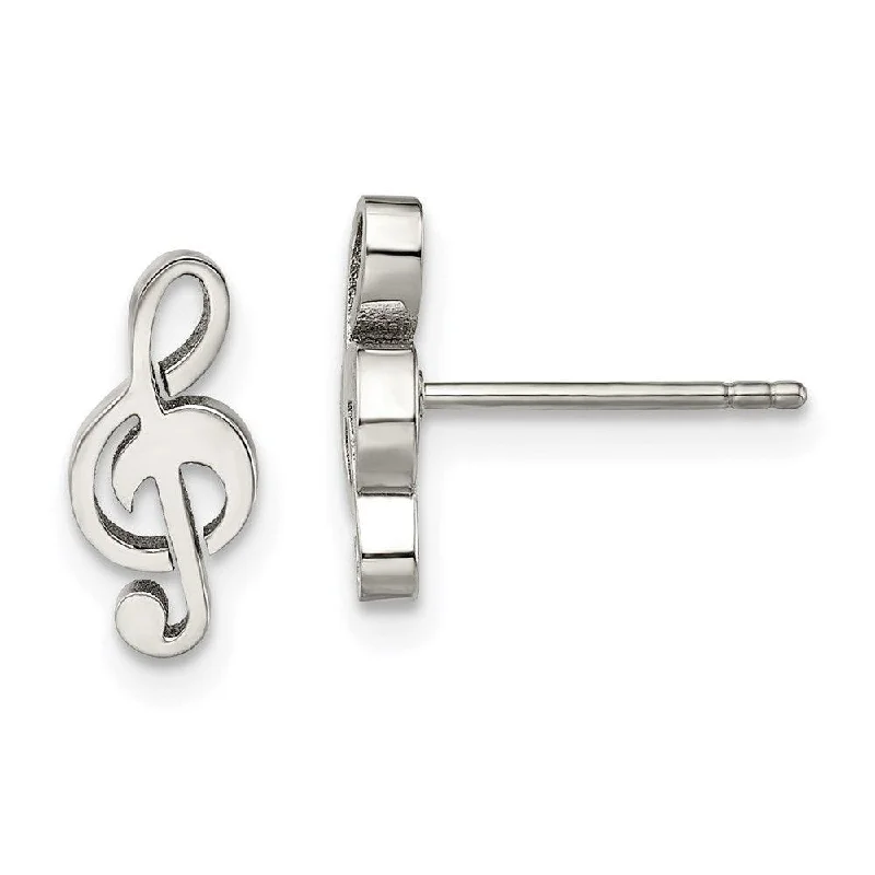 Ethnic Silver Earrings-Stainless Steel Polished Music Symbol Post Earrings