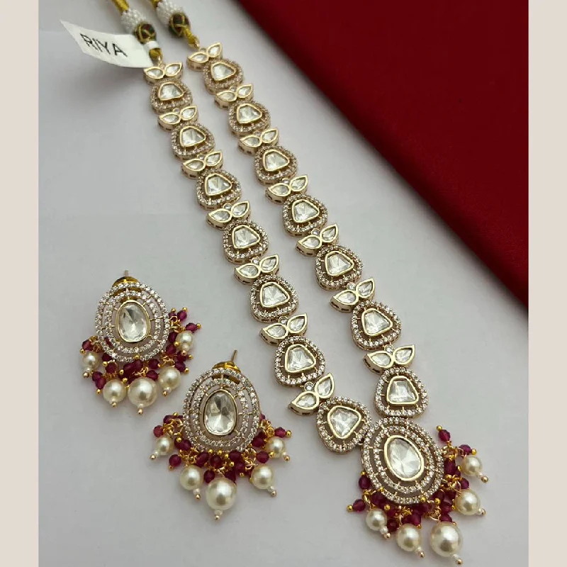 Bold Statement Chain Necklaces-FS Collection Gold Plated Polki Kundan Stone And Pearls Necklace Set