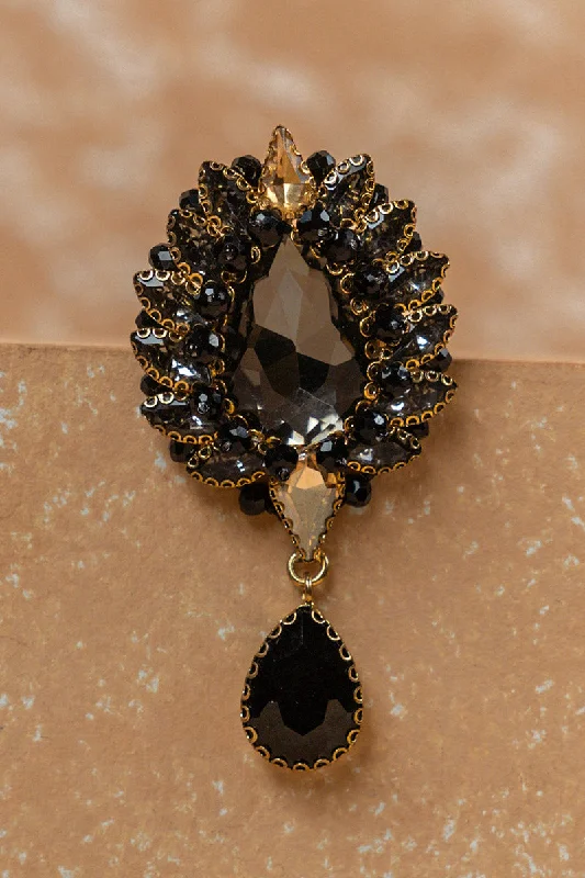 Custom Wedding Brooch for Bridesmaids-Black Crystal Brooch With Drop Detailing