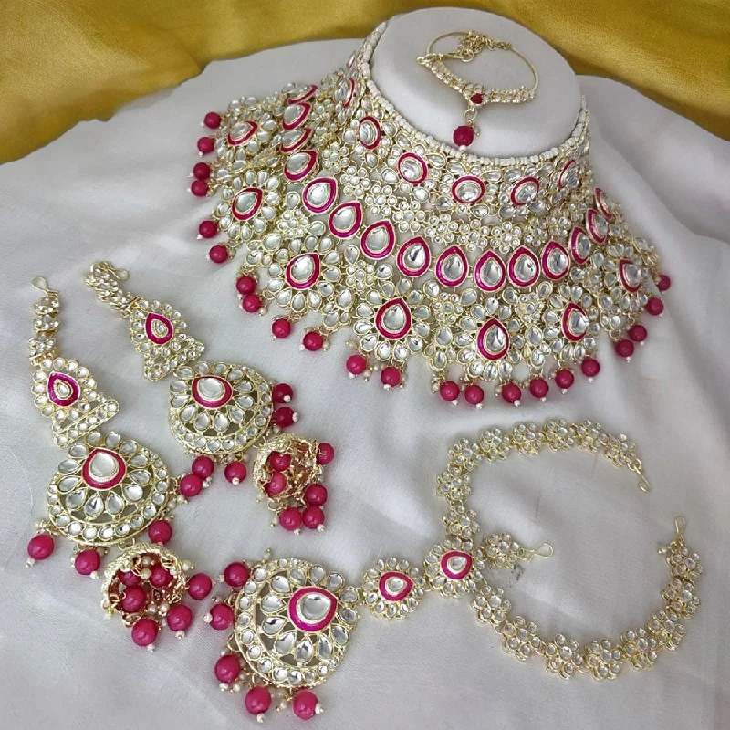 Silver Heart Necklaces-Gehana Mahal Gold Plated Kundan Stone Semi Bridal Necklace Set