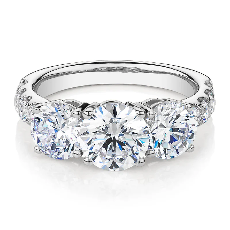 Handmade Engagement Rings-Three stone ring with 3.44 carats* of diamond simulants in 10 carat white gold