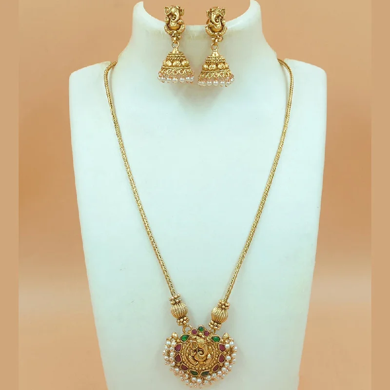 Minimalist Gold Necklaces-Joyful Jewel Art Matte Gold Plated Pota Stone And Pearls Ganesha Lord Long Necklace Set