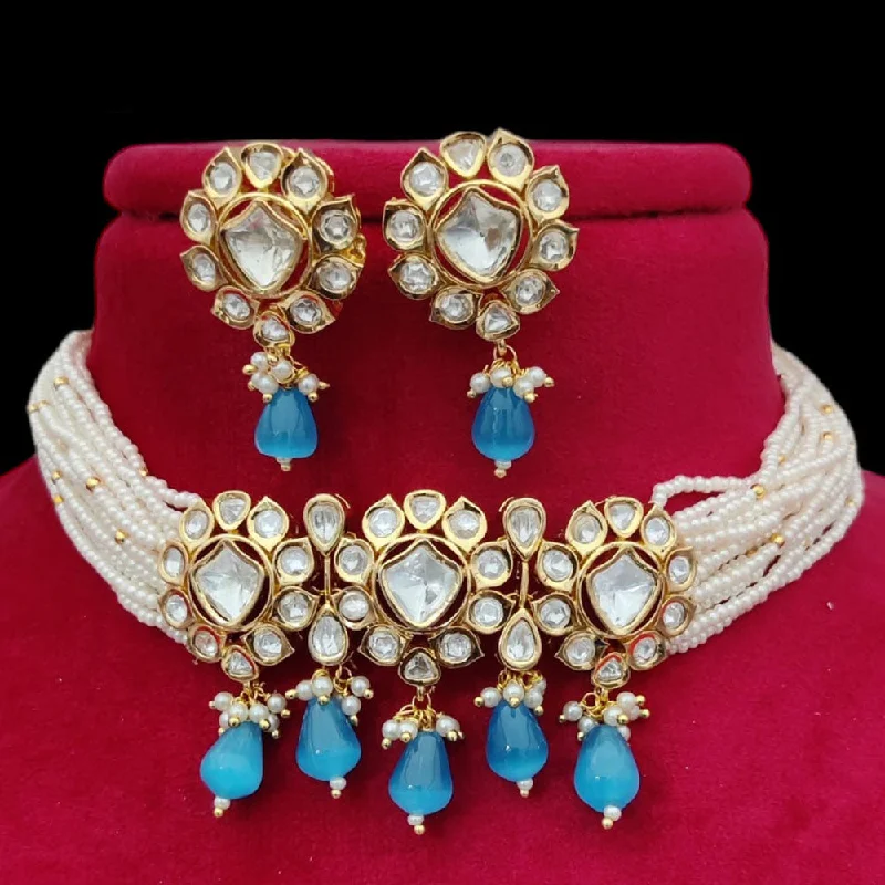 Fashionable Rope Necklaces-Jewel Addiction Gold Plated Pearl And Polki Kundan Choker Necklace Set