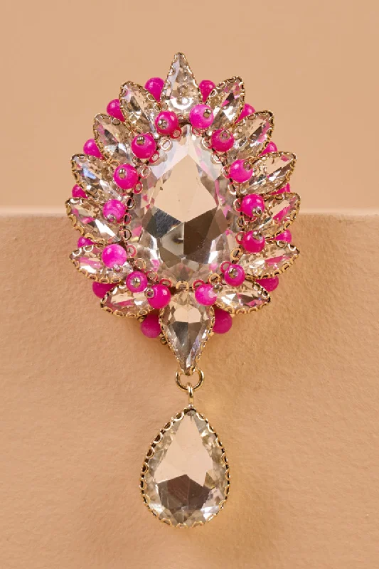 Custom Floral Brooch for Brides-Silver and Pink Crystal Brooch With Drop Detailing