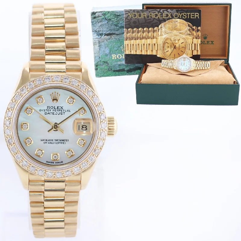 Digital Watch with Calendar-Pearl Diamond Ladies Rolex DateJust President 26mm 69178 Yellow Gold Watch Box