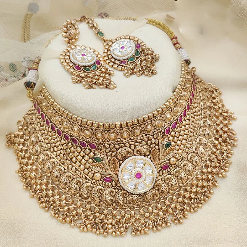 Beautiful Gold Chain Necklaces-Jewel Addiction Gold Plated Rajwadi Finish Pota Stone Choker  Necklace Set