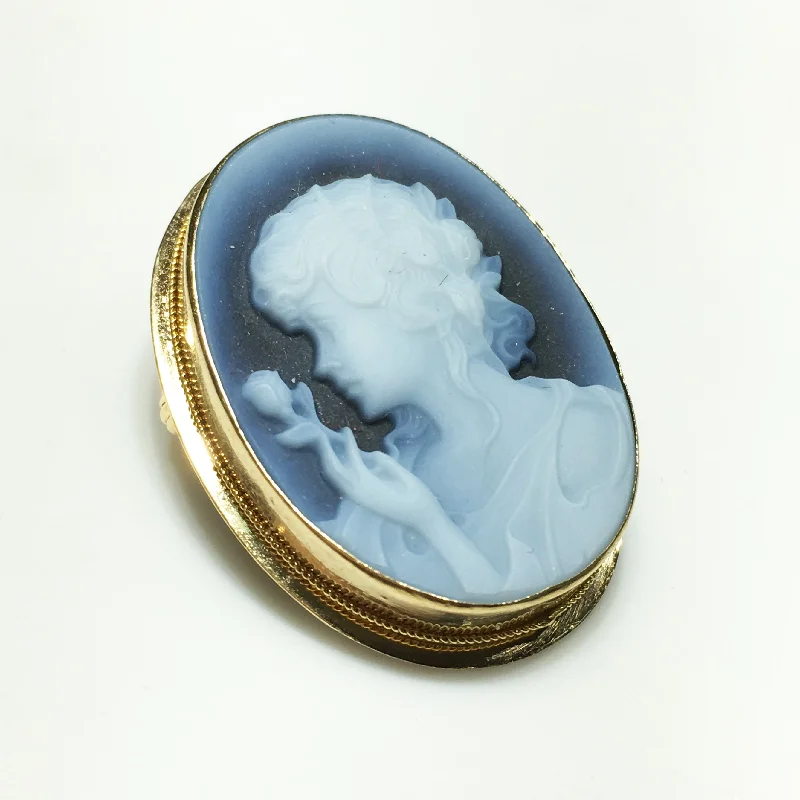 Luxury Gemstone Brooch with Pearls-Azure Agate Cameo Brooch/Pendant (14K)