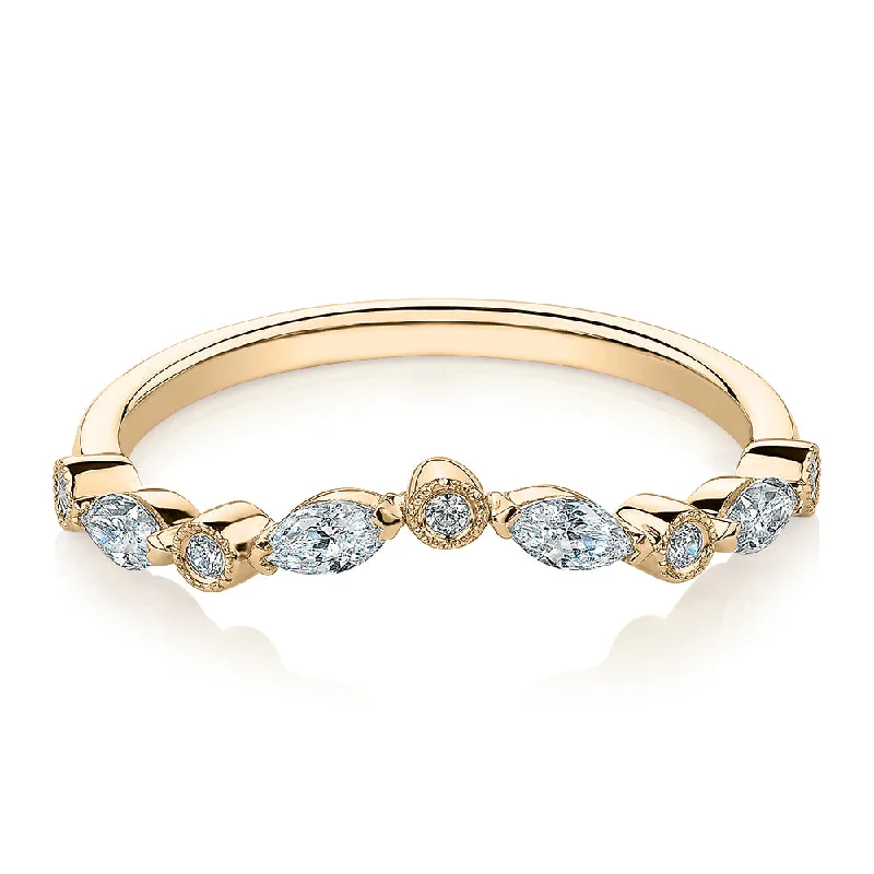 Unique Stackable Rings-Marquise curved wedding or eternity band with 0.43 carats* of diamond simulants in 10 carat yellow gold