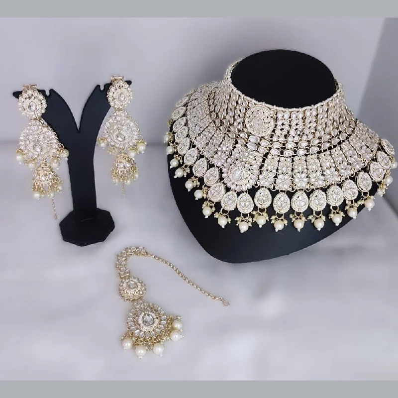 Vintage Beaded Necklaces-Gehana Mahal Gold Plated Kundan Stone Semi Bridal Necklace Set