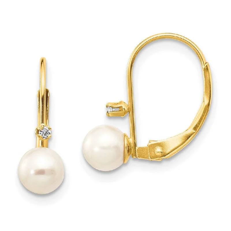 Chic Silver Hoops-14K 5-6mm Round FW Cultured Pearl .02 ct. Diamond Leverback Earrings