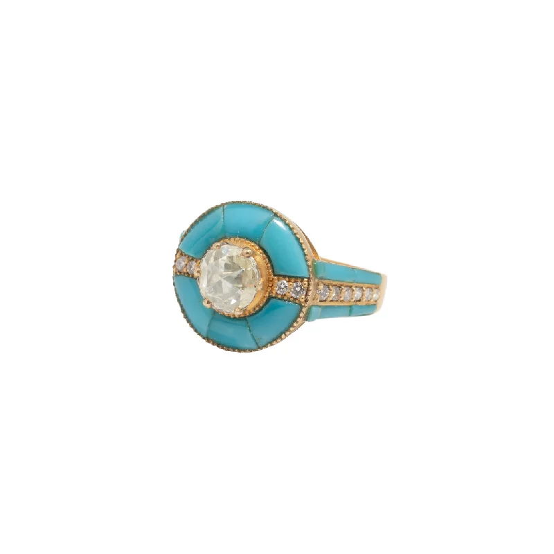 Vintage Wedding Rings with Diamonds-Rose Cut Diamonds Edged in Turquoise Ring