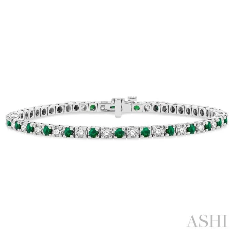 Chunky Gemstone Bracelets-1 1/2 ctw Square Box Link 2.5MM Emerald and Round Cut Diamond Precious Tennis Bracelet in 14K White Gold