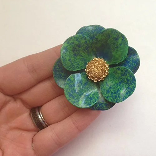 Classic Silver Brooch for Women-Blue Green Brooch with Gold Tone Accent